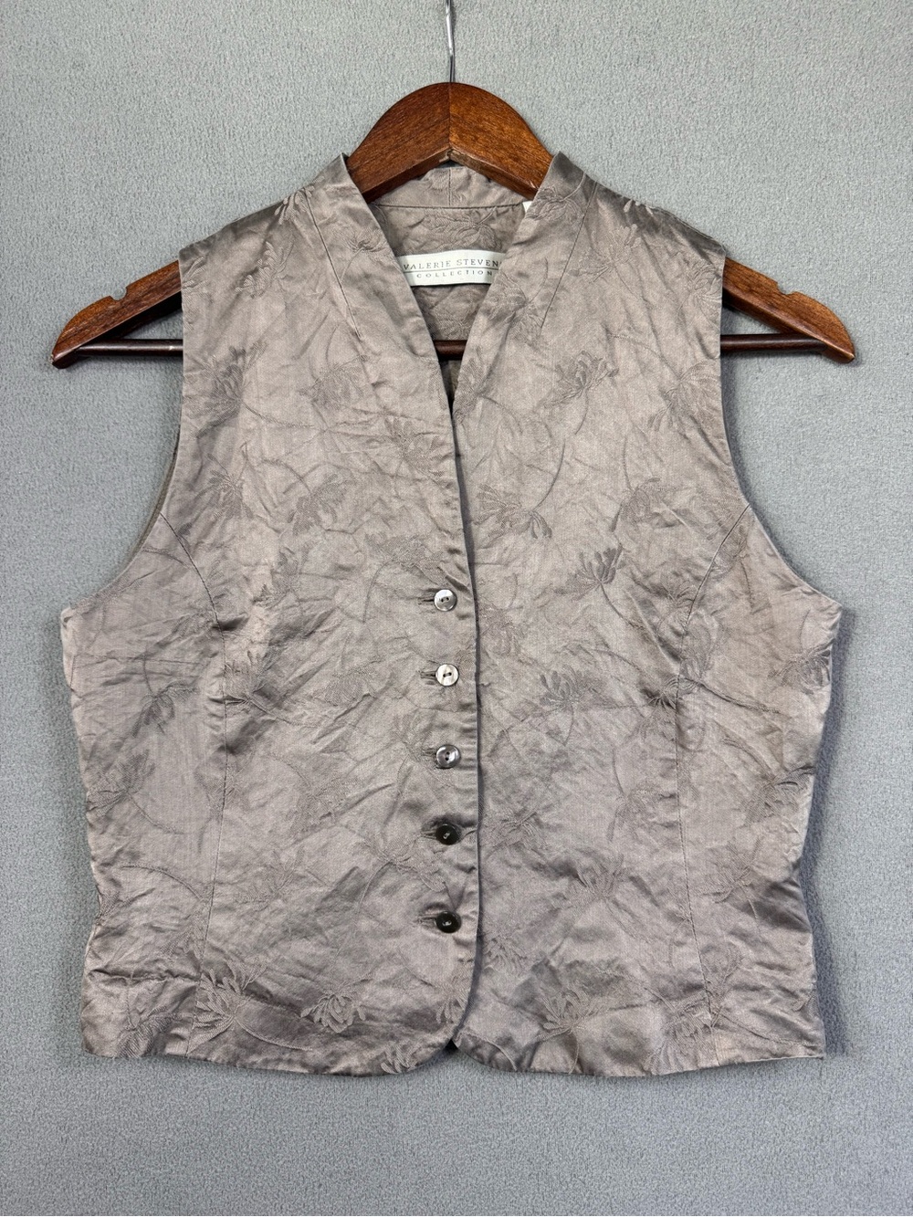 Vintage 90’s Valerie Stevens Collection Taupe Floral Silk Jacquard Vest, Size 6